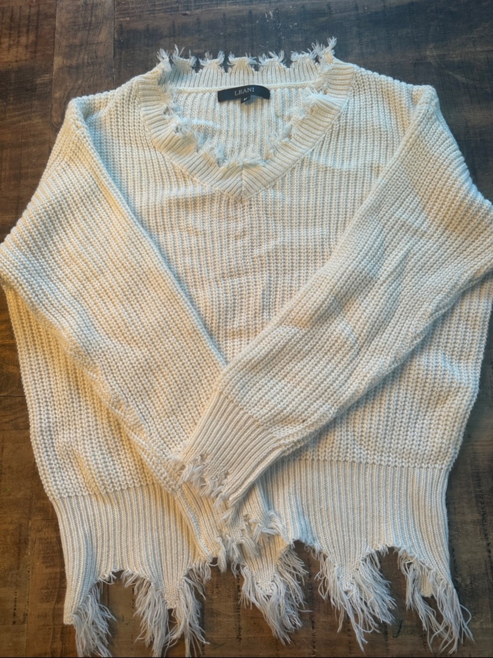 Leani Distressed Cream V-Neck Knit Sweater